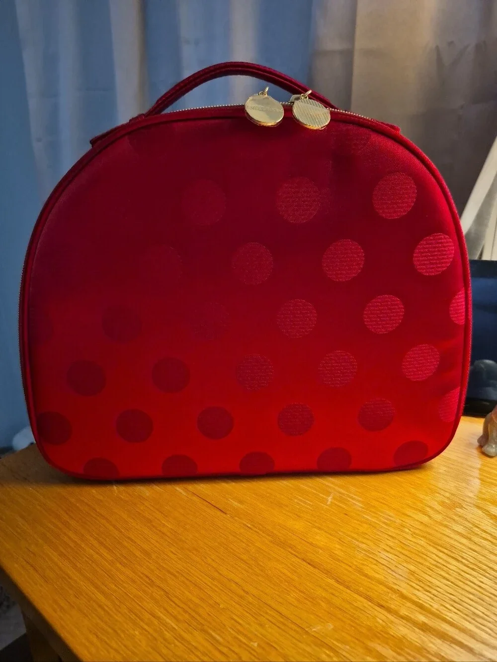 Estee Lauder Red Satin Polka Dot Train Case Makeup Travel Organizet